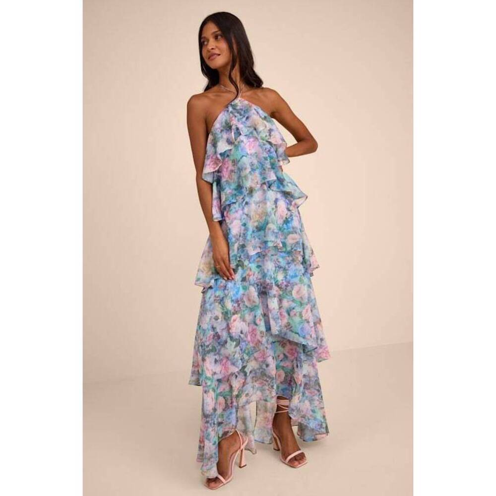 Lulus Melody Light Blue Floral Tiered Halter Maxi Dress - Size XL